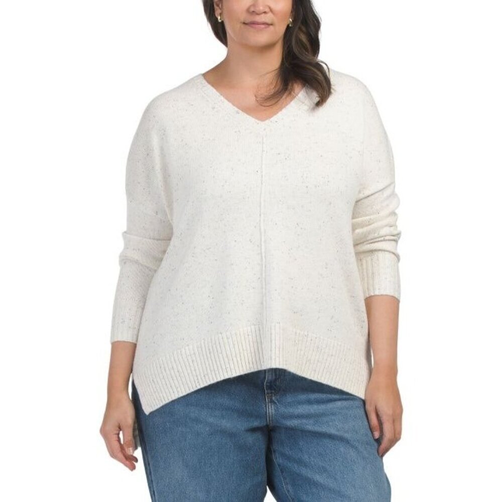Tahari Womens Vanilla Cream Speckled V Neck Pullover Knit Sweater Plus Sz 2X New